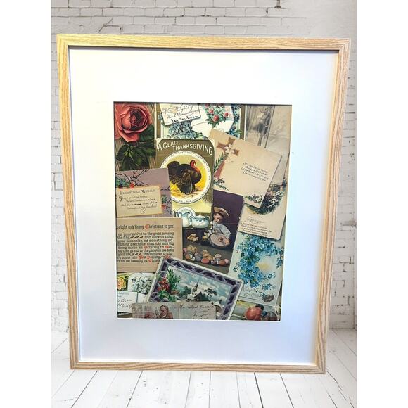 16x20” Framed Matted Vintage Early Victorian Holidays Floral Postcard Collage - Picture 1 of 2